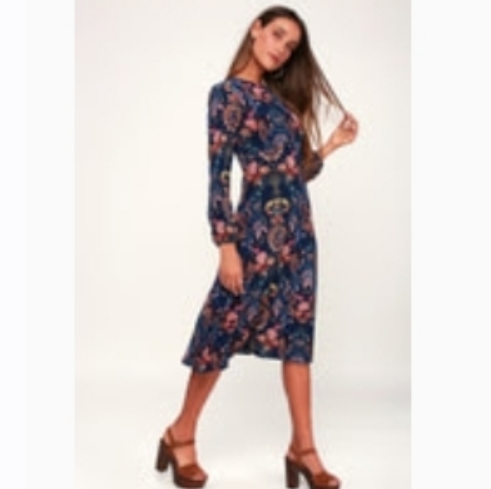 Garden Splendor Navy Blue Floral Print Dress, size S